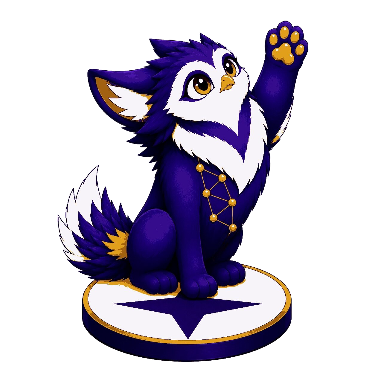 Cognis mascot, a purple wolf-owl with a glowing gold constellation on its chest, raising a paw on a star pedestal